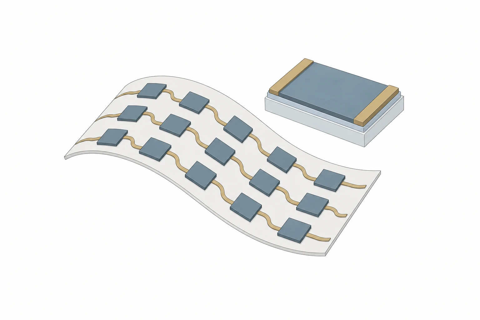 Conceptual flexible sensor array with rigid semiconductor islands, compliant interconnects and an enlarged layered detector.