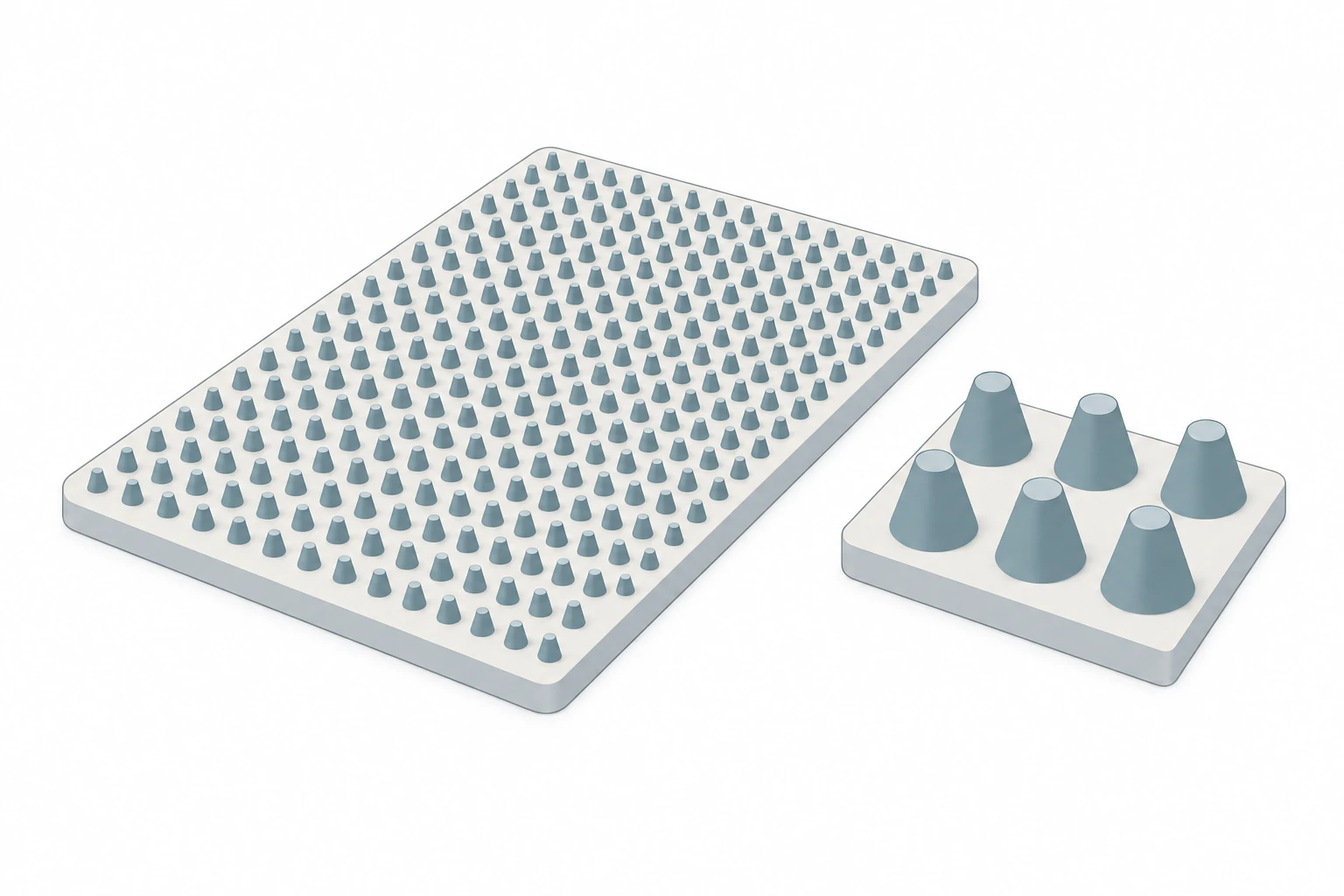 Conceptual nanostructured surface and enlarged surface features, illustrating how material structure can be designed to influence light.